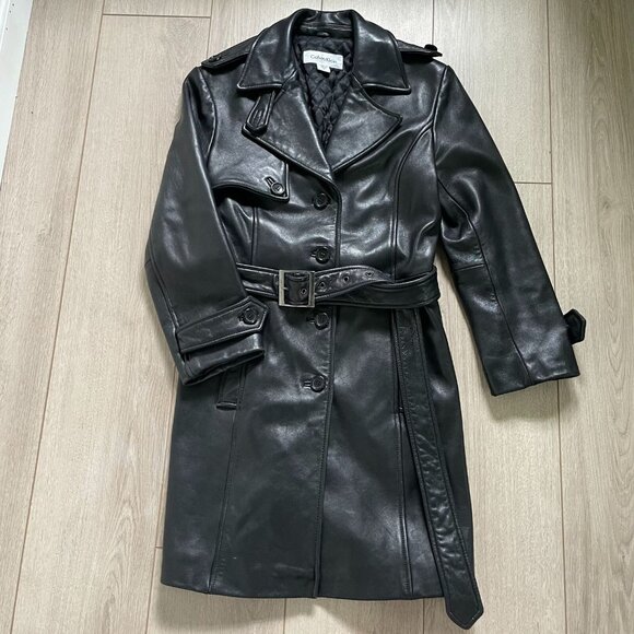 Calvin Klein Genuine Leather Trench Coat Women Small Black Classic Elegant Retro - Picture 4 of 15